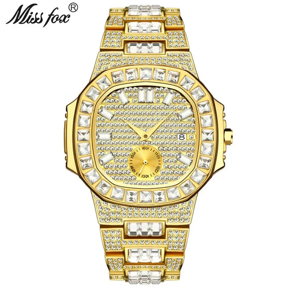 MISSFOX Luxury Men Watch Gold 18K Nautilus Model Fully Paved BaguetteDiamond Mens Watches Waterproof Calendar Male Clock Hours