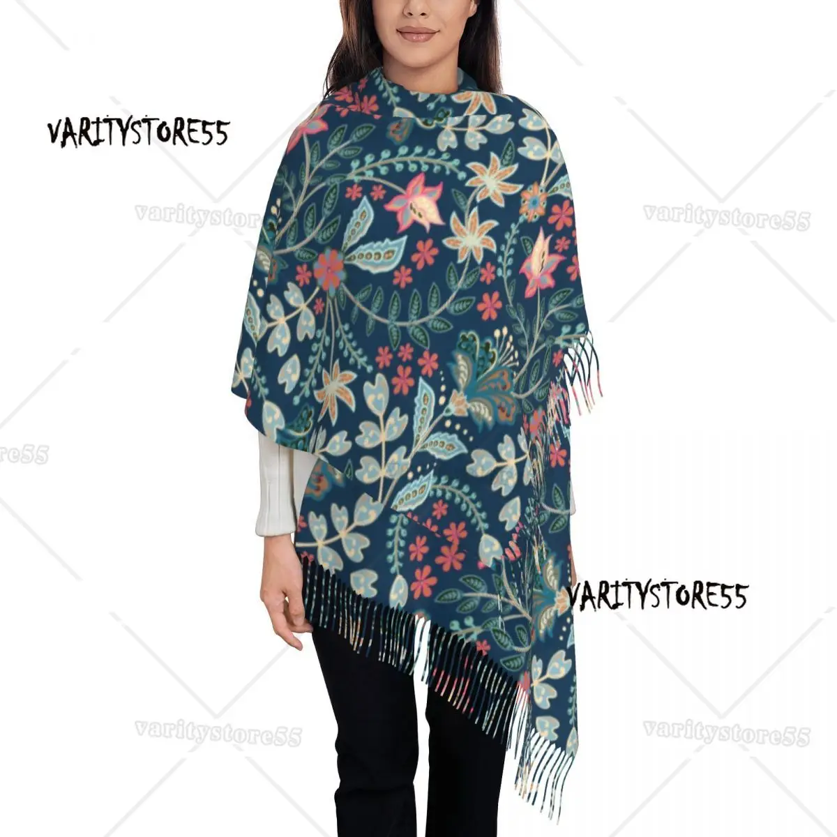 Mexican Summer Floral Blue Tassel Scarf Women Soft Flower Pattern Shawl Wrap Lady Winter Scarves