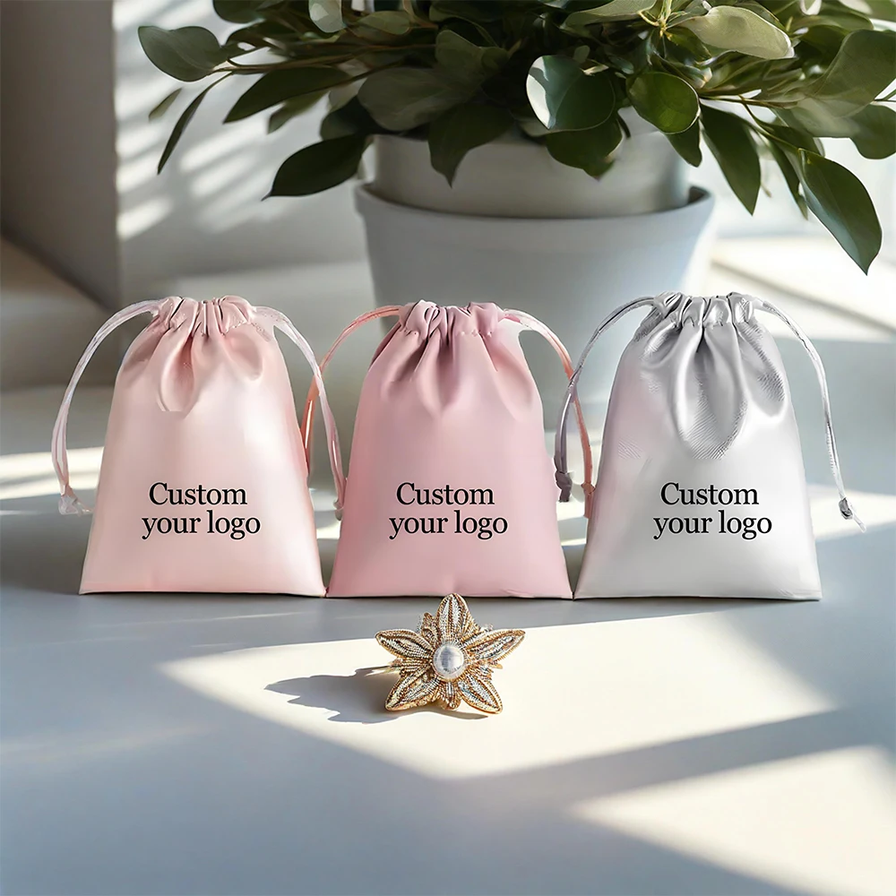 

50pcs Drawstring Bag Black PU Leather Jewelry Packaging Pouch Custom Logo Wedding Gift Earrings Necklace Rings Storage Dust Bag