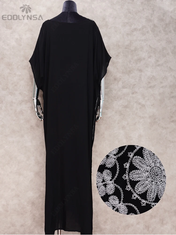 2023 Black Oversize V Neck Moroccan Kaftan Beach Dress Plus Size Women Summer Half Sleeve Side Split Midi Dresses Tunica Q643