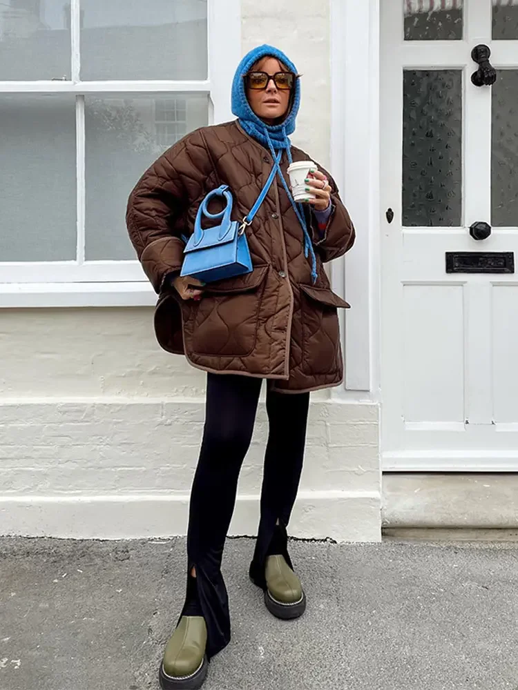 Casacos de algodão de bolso quente monocromático feminino, jaquetas soltas casuais de manga longa, gola redonda, casacos pendulares, senhora, outono, inverno