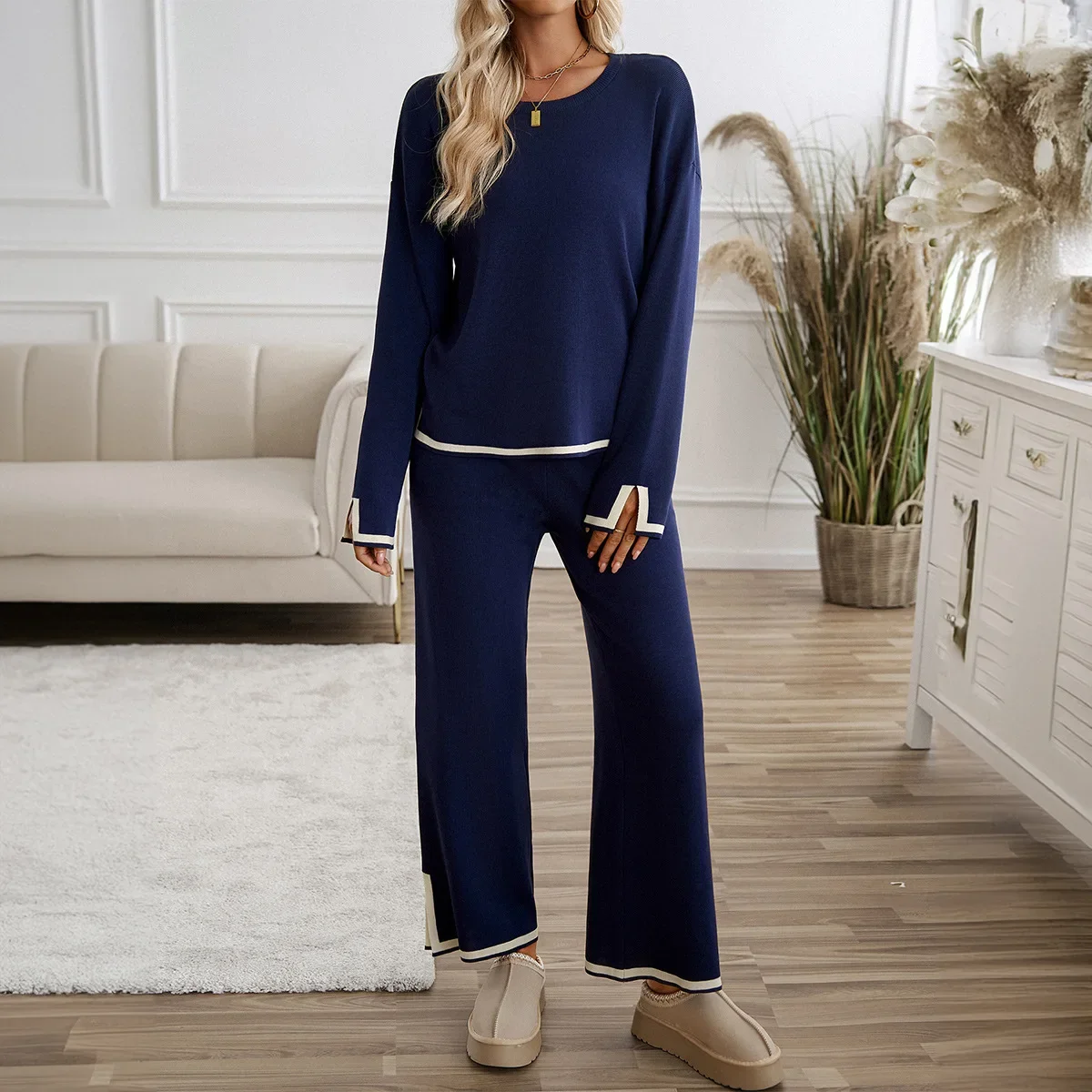 

Contrast Knitted Long Sleeve Slit Sweater Pants Suit Women's Suit Temperament Casual Solid Color Round Neck