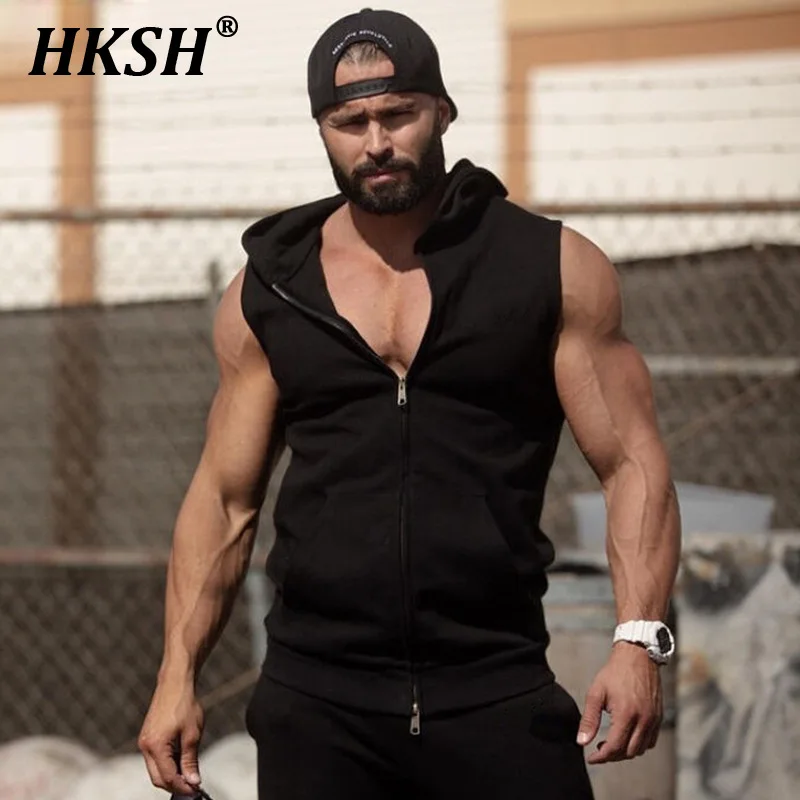 HKSH Spring Summer Men Lace Up Hooded Open Zipper Sweater Sleeveless Fashion Sports Coat Dark Tide Highstreet Streetwear HK0181