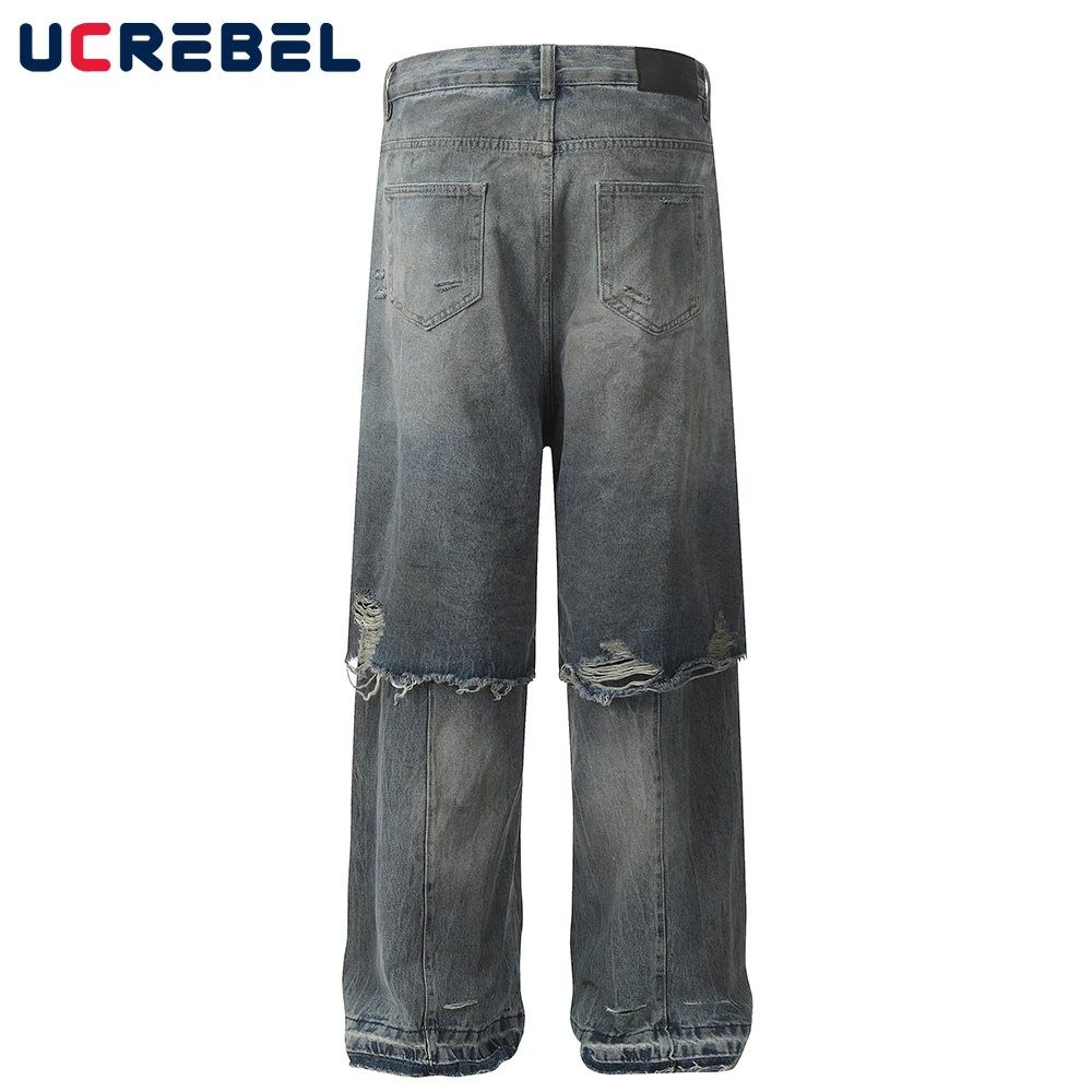 Ripped Spliced Beggar Jeans Mens Raw Edge High Street Washed Distressed Loose Wide Leg Denim Pants Men Trousers