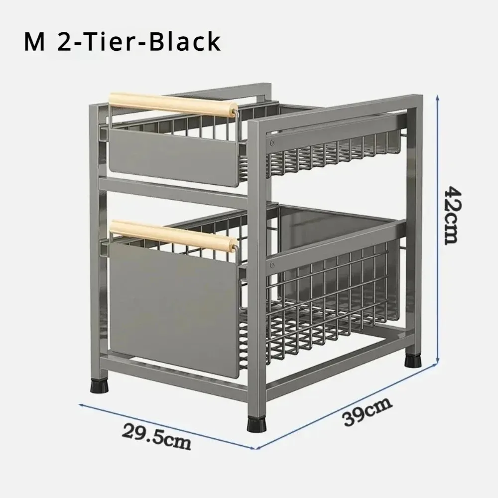 Bathroom Storage Rack With Pull-out Basket Layered Shelves Carbon Steel Under Sink Shelf Seasoning Bottle Kitchen Storage Racks