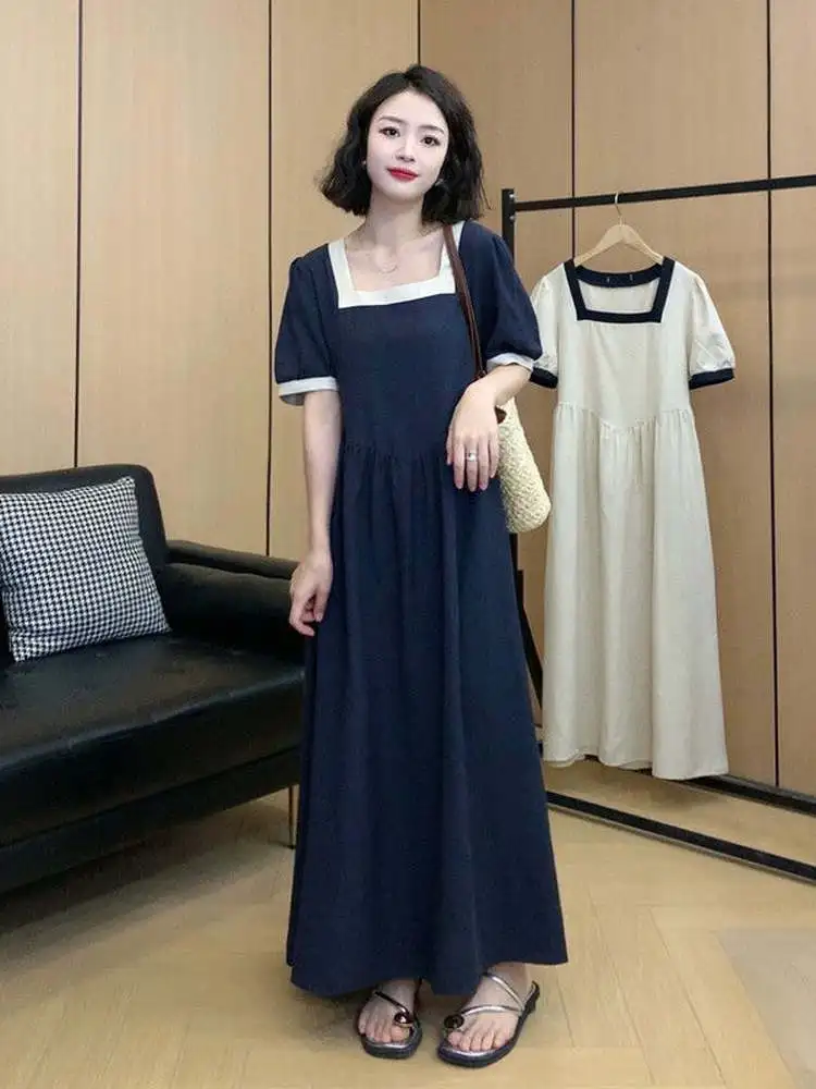 

plus Size Women's Casual Loose Long Dress Color Block Square Collar Summer Slimming Hide Belly Commute Style High Waist A-Lin...