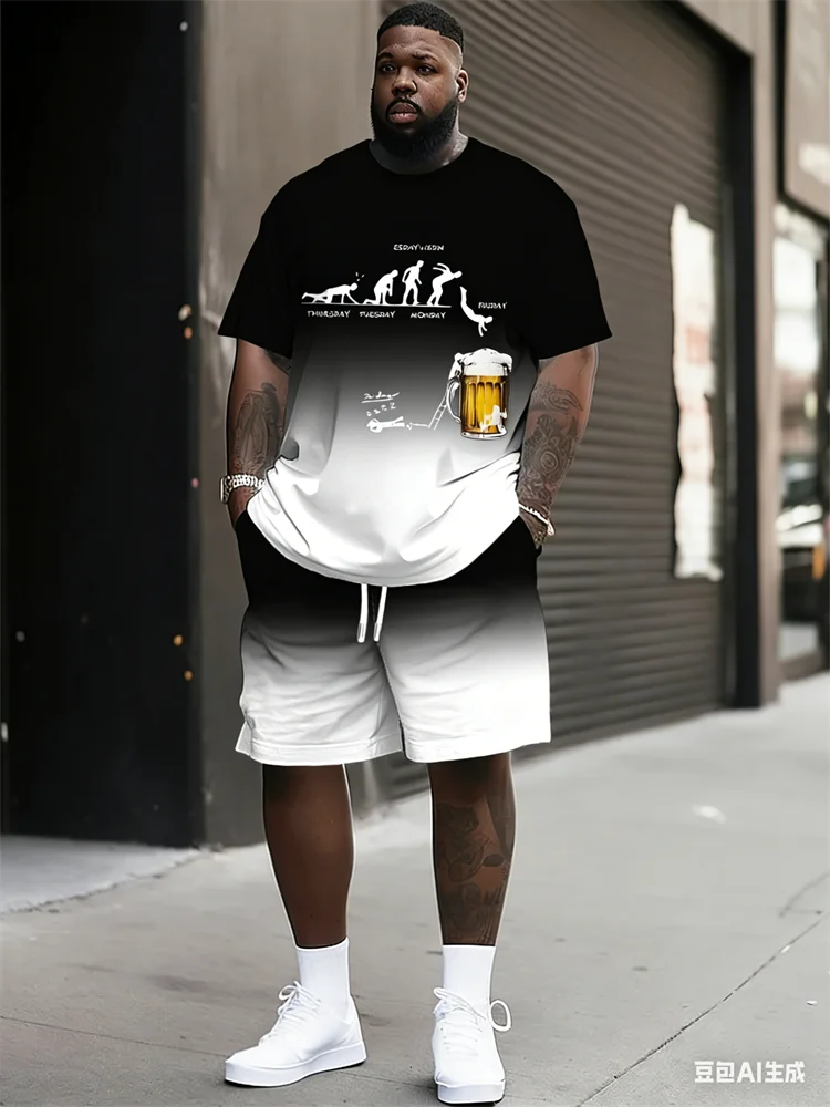 

Funny 3D Beer Printed Men's Short-Sleeve Set Summer Casual Crew Neck Top Hip Hop Trendy Street Fashion Breathable Two-piece Suit