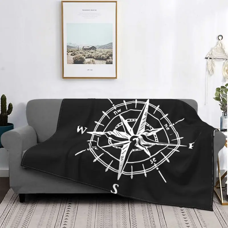 Hand Drawn Design Compass Rose Nautical Blanket Casual Bedroom Coral Fleece Bedding Throws Machine Washable