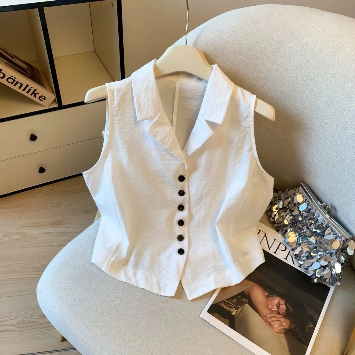 

Однобортный жилет с лацканами, рубашка для женщин, новый летний минималистичный короткий топ, жилет Chalecos Para Mujer, черный Blusa