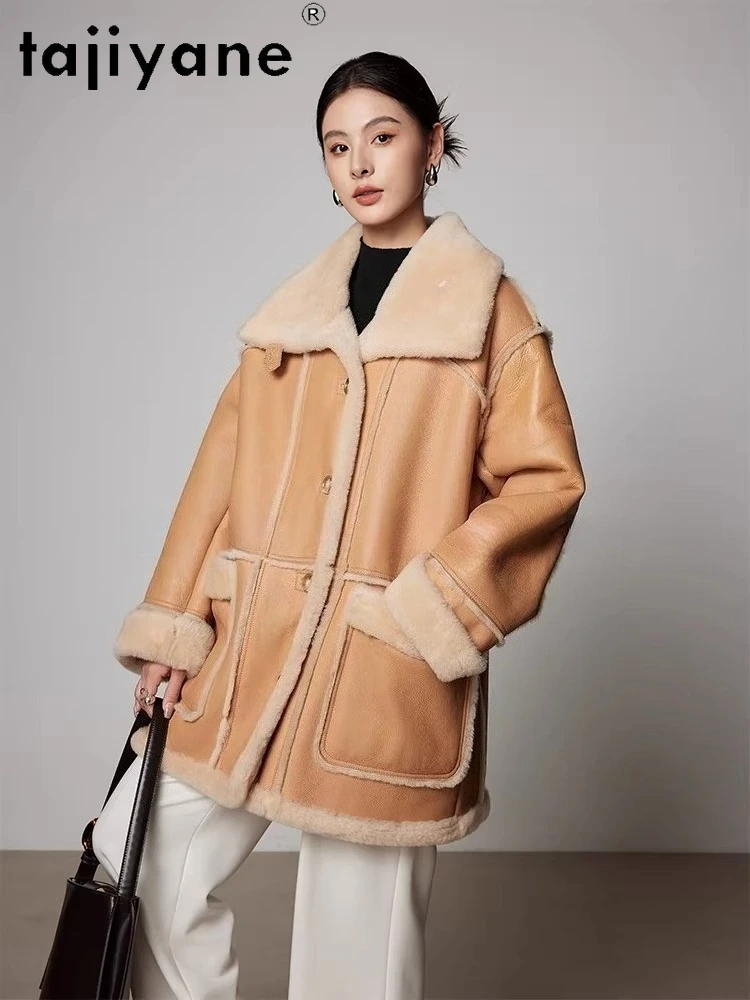 TAJIYANE جلد الغنم ميرينو الطبيعي مع الصوف المرفقة سترة المرأة قسط منتصف طول معطف الفرو 2025 ملابس الشتاء امرأة fourrure