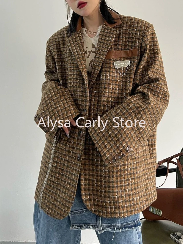 Fashion High Street Blazer Women Winter Elegant Chic Plaid Design Coat Female Streetwear Trend Casual Vintage Outerwear 2024 New