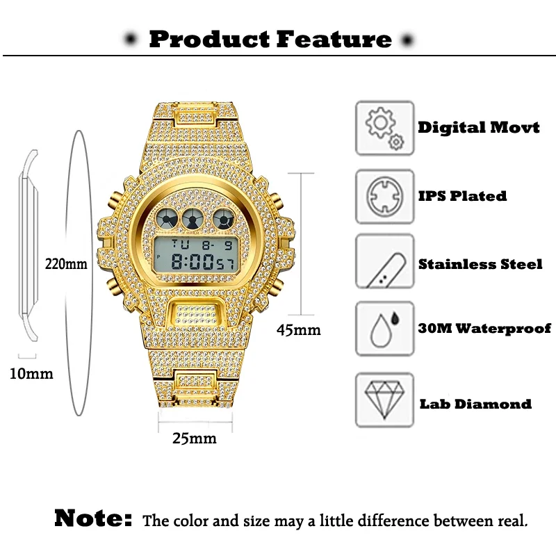 Luxury Electronics Watch For Men Fashion Brand MISSFOX Full Diamond Digital Clock Stianless Steel Chron Wristwatch Free Shipping