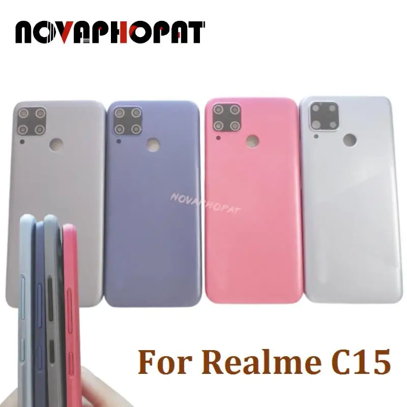 

Novaphopat For Realme C15 Battery Cover Back Rear Door Housing Case Back Cover With Camera Glass Lens and Side Key Button