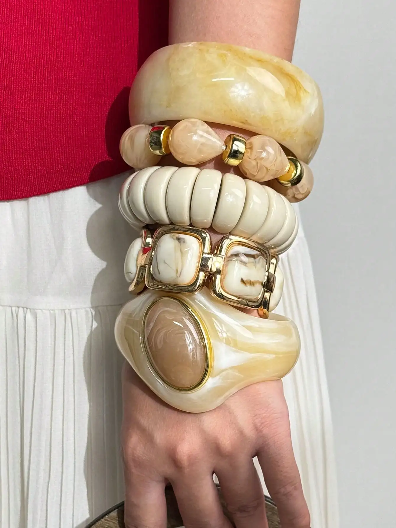 Vintage Beige Apricot Marble Patterned Wide Bangle Set Resin Bracelets Women's Jewelry for Fall Winter Everyday Wear gifts