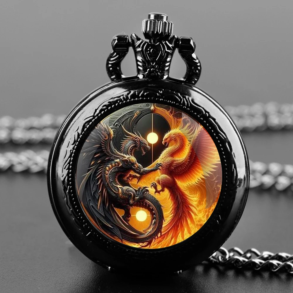 Mysterious Dragon Phoenix Quartz Pocket Watch Men Women Pendant Necklace Chain Charm Clock Watch Jewelry Kids Gifts Accessories