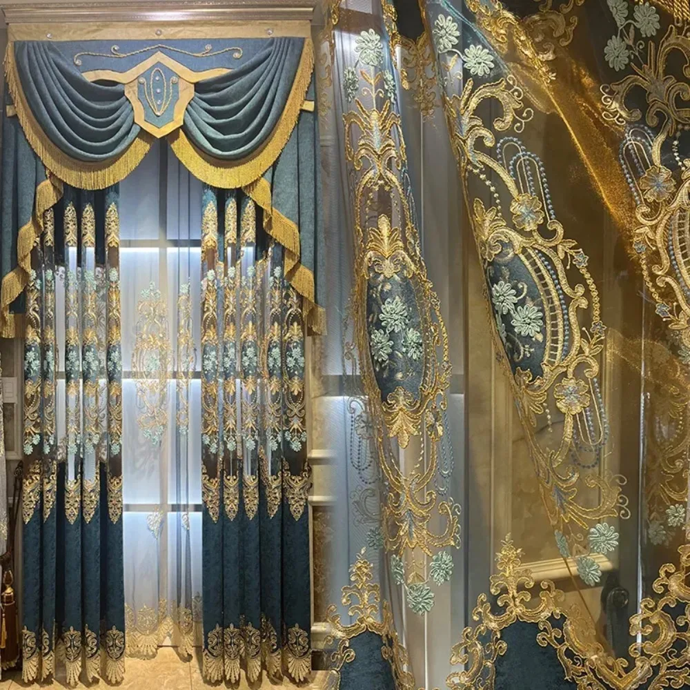 

Customized Blue Hollowed Out Embroidered Window Screen of Villa Chenille Curtains for Living Room Bedroom French Window Balcony