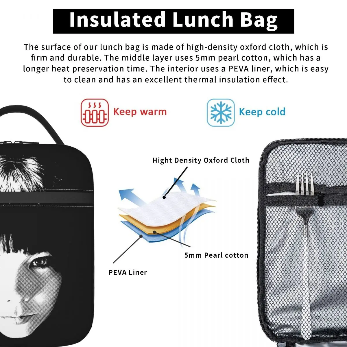 Bjork Face Head Gothic Thermal Insulated Lunch Bags for Picnic Portable Food Container Bags Cooler Thermal Lunch Boxes