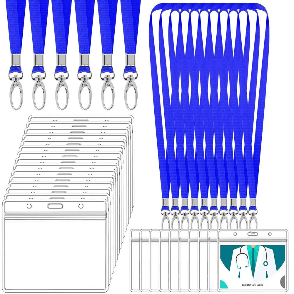 10/20/50pcs clear plastic horizontal name ID holders and blue lanyards, suitable for offices, schools, work volunteers.