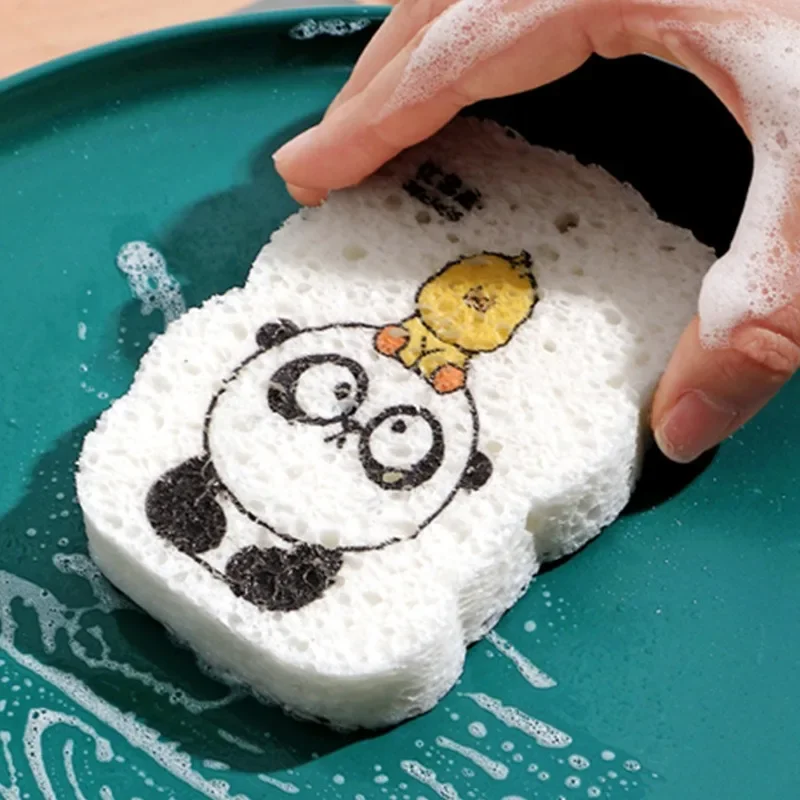 1-5pcs Kitchen Dishwashing Sponge Compressed Wood Pulp Cotton Cute Cartoon Scouring Pad Kitchen Pot Dish Brushes Cleaning Tools