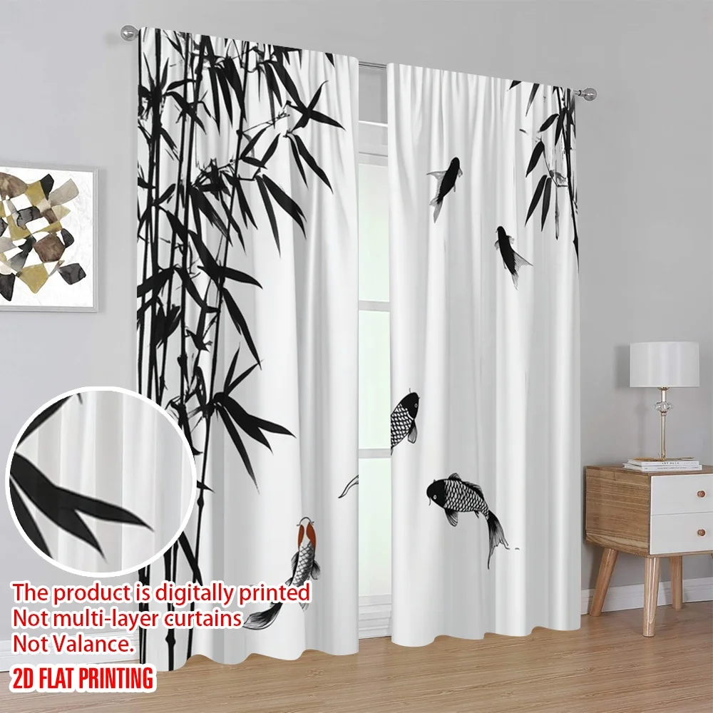 2 قطعة ستائر نافذة مطبوعة مسطحة ثنائية الأبعاد من الخيزران وأسماك كوي (2) ستائر بوليستر مطبوعة رقمية للاستخدام في العطلة لغرفة النوم