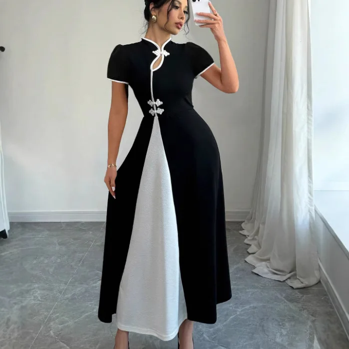 Dresses Women Party Long Dress Patchwork Puff Sleeve Stand Collar Button Tight Waist A Line Female Vestidos Summer Maxi Gown image 3