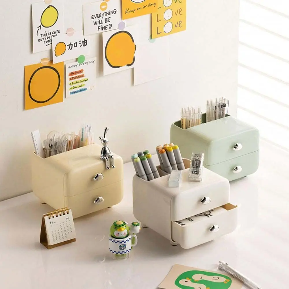 

Multifunction Desktop Organizer Shelf Cream Color Double Drawer Desktop Organizer Display Stationary Partition Storage Home Use