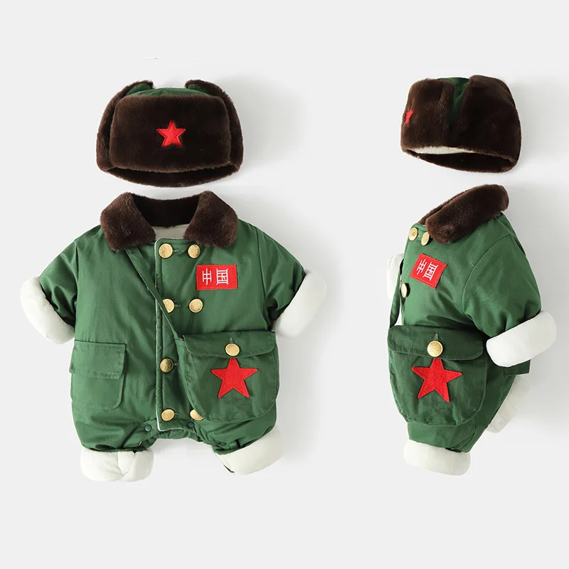 

Детская одежда 2025 года, зимняя одежда, бархатная теплая военная форма, цельная одежда с хлопковой подкладкой в полнолуние, маленькая красная армейская одежда ye