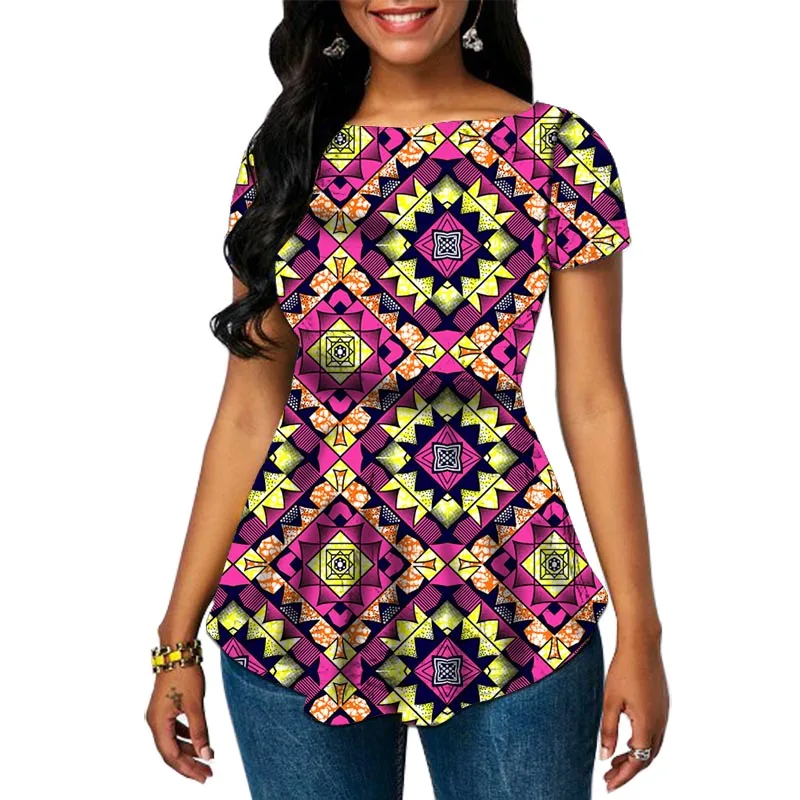 

African Fashion Women's Pleated Blouse Nigeria Style Short Sleeve Tops Colorful Print Female Party Clothing Customized