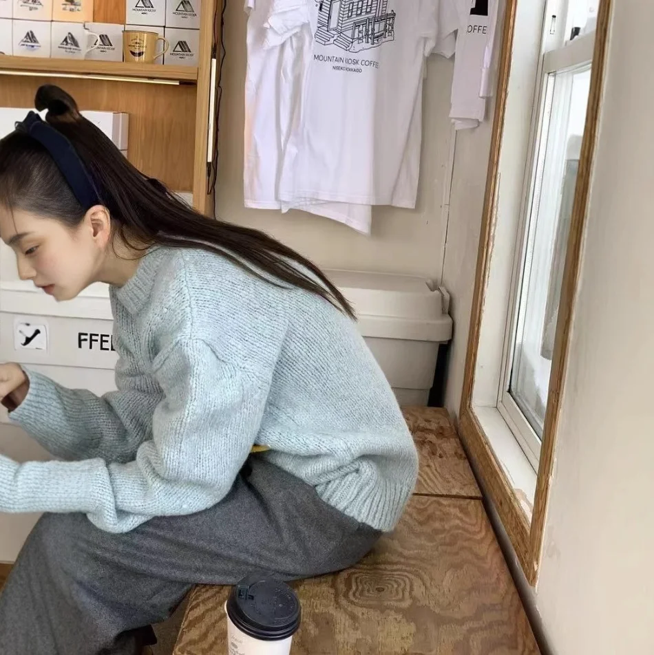 Spring 2025 New Ler*Be Mena Heavyweight Thiened Wool Pure Color Simple round Ne Knitted Sweater Commute Sle Regular Length