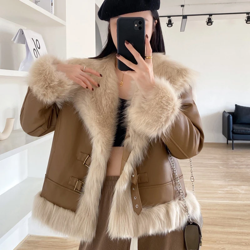 Leather Jacket Winter Female Stitching Sheepskin Fox Fur Navy Collar Goose Down Liner Chaquetas Mujer Stylish Slim Warm Doudoune