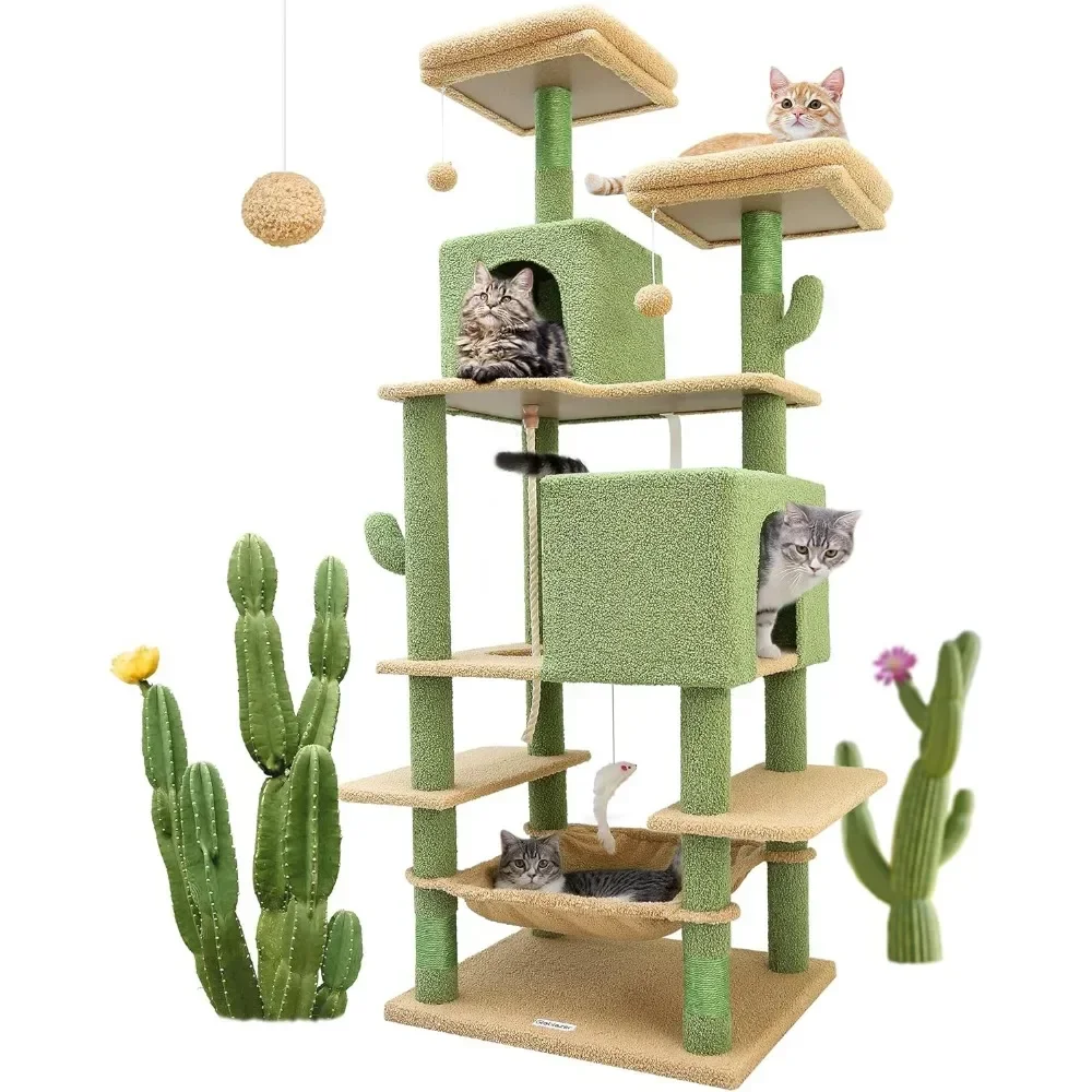 

Cactus Cat Tree Tower - 76-Inch Extra Tall Multi-Level Cat Furniture with Cozy Condos, Interactive Toys, and Perches for Large C