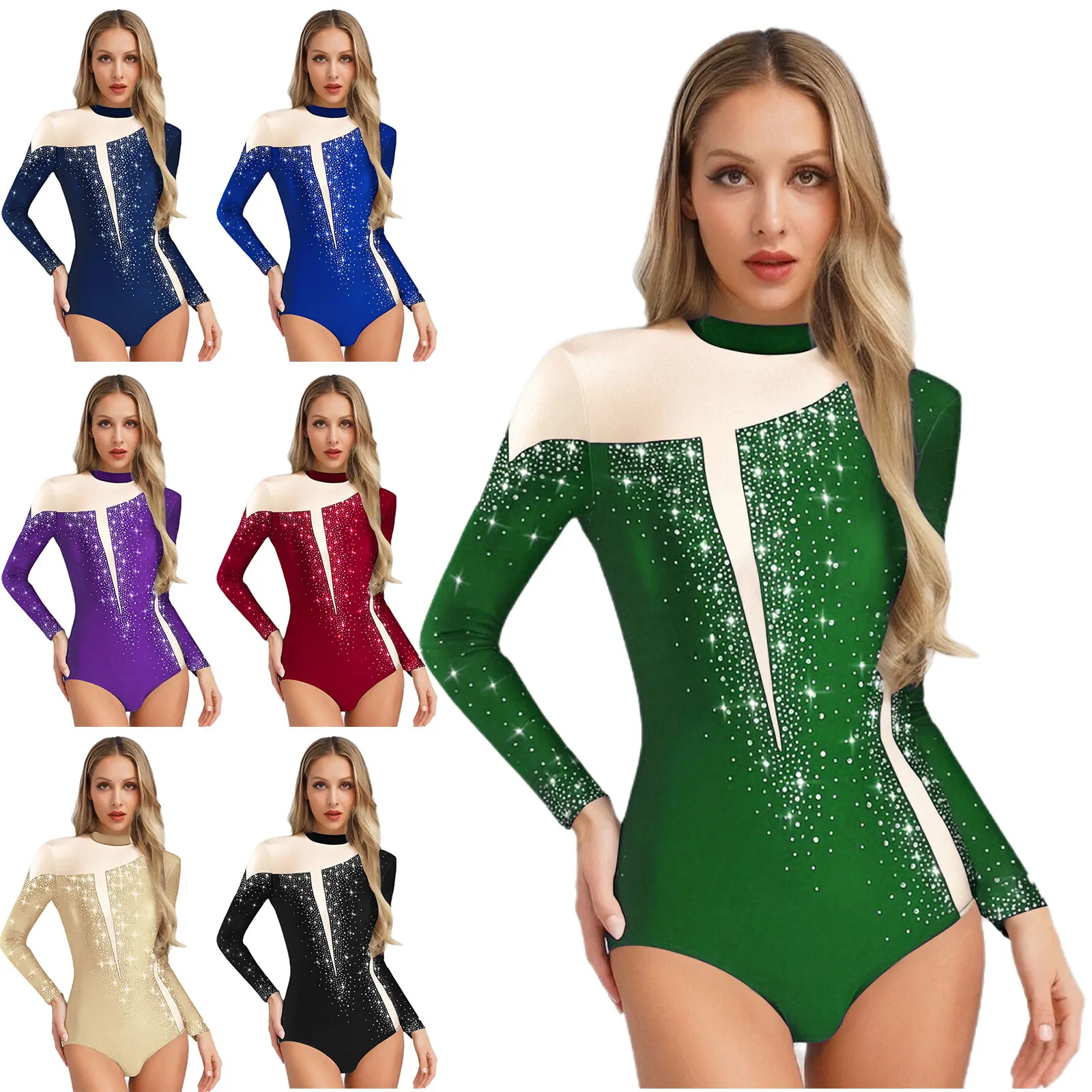 Womens Ballet Gymnastics Leotard Performance Costume Figure Skating Dancewear Rhinestones Long Sleeves Keyhole Back Jumpsuit