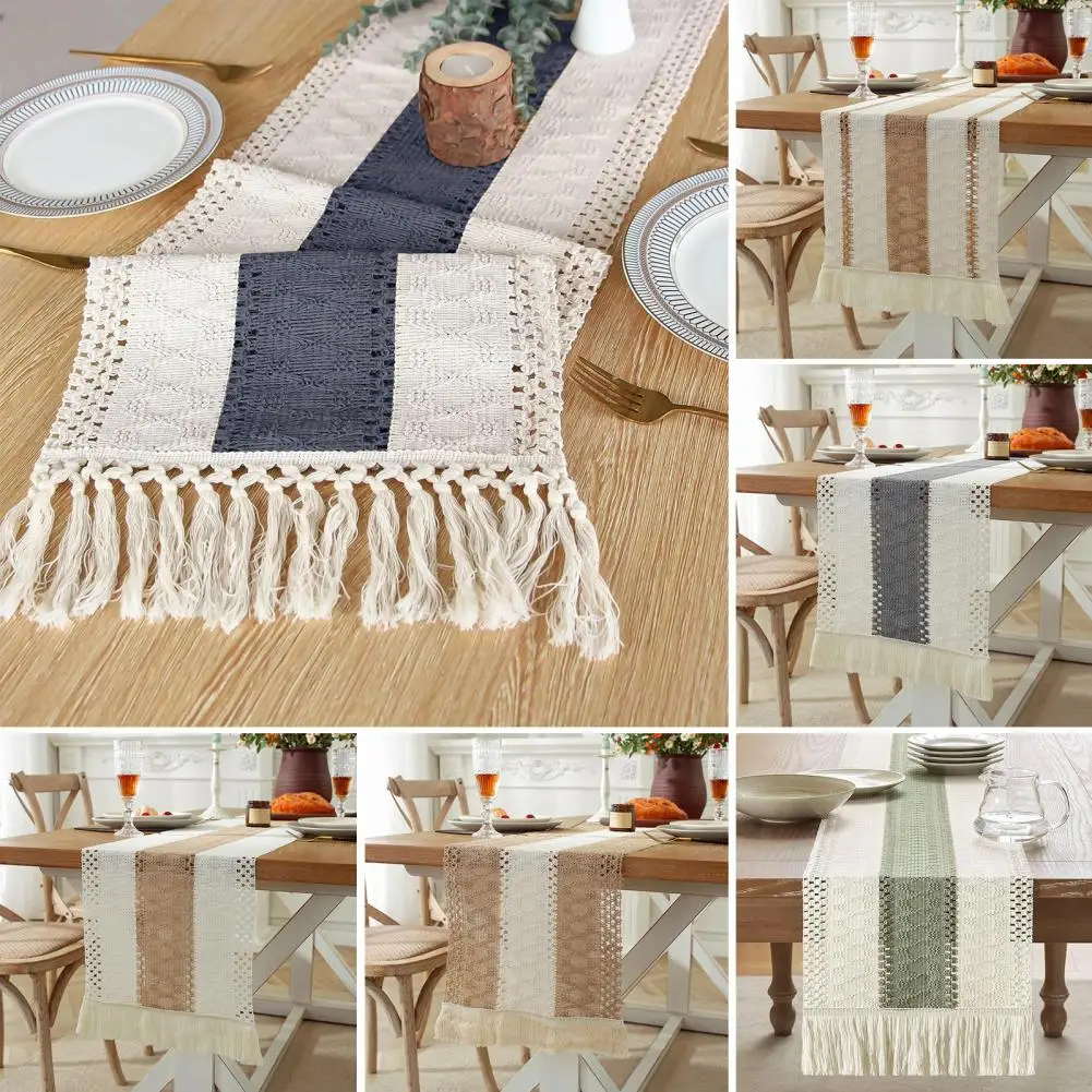 Tablecloth Stain proof Rustic Style Tablecloth Braided Fabric Boho Style Tassel Table Runner for Prom Banquet Decor