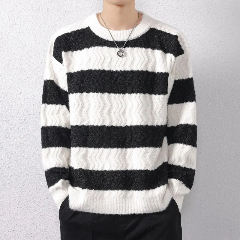

Laid-ba Sle Men's Knitted Sweater Trendy Brand Loose Warm Top INS Haome Knitwear Autumn Winter Color Blo Stripe Design