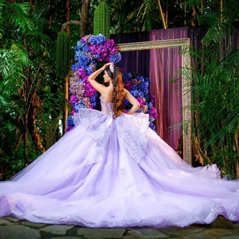 Personalizado brilhante lavanda princesa quinceanera vestidos fora do ombro vestido de baile apliques rendas cristais contas tull doce 16