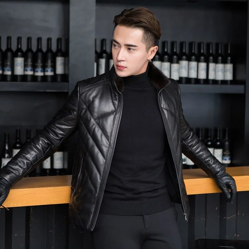 genuine leather 100% fur coat men jacketWinter Haining sheepskin real down for slim short young and middle-aged people plush