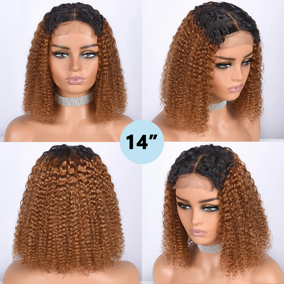T1B/30 4x4 Lace Closure Wigs Kinky Curly Lace Closure Wig Omber Brown Human Hair Wigs BOB Wigs For Women 10\