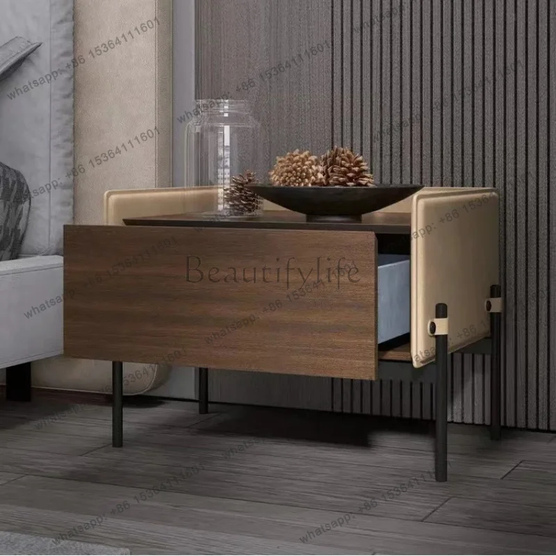 YJ Italian minimalist smoked solid wood bedside table saddle leather hard leather bedside table designer creative bedside table