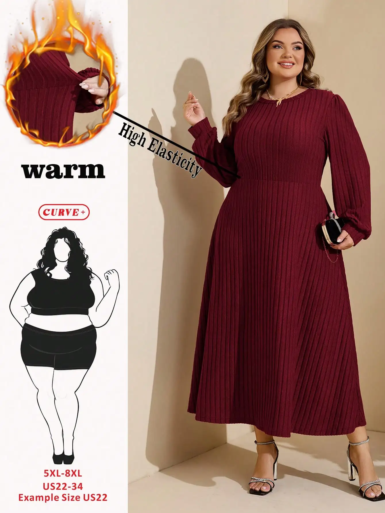 

Plus Size Ribbed Knit Long Sleeve Crew Neck Dress, Wine Red, Warm & Stretchy for Winter Events
