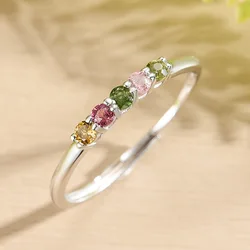 Tourmaline 925 Silver Women Ring Natural Stone Multicolor Sterling Silver S925 Opening Rings for Women Adjustable Wedding Ring
