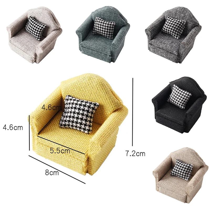 1/12 Miniaturowa sofa z lnu z poduszką do domku dla lalek, model mebli do domku dla lalek, dekoracja sceny domowej, akcesoria