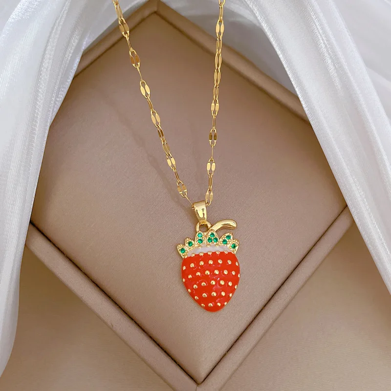 Sweet Cute Red Strawberry with Zircon Necklaces for Women Girls Stainless Steel Chain Fruit Jewelry Accessories Gifts for Lover