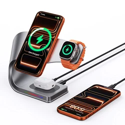 Cargador inalámbrico 4 en 1, carcasa de Metal, estación de carga rápida magnética de 15W, soporte para teléfonos móviles iPhone 12-17, Airpods, Apple Watch