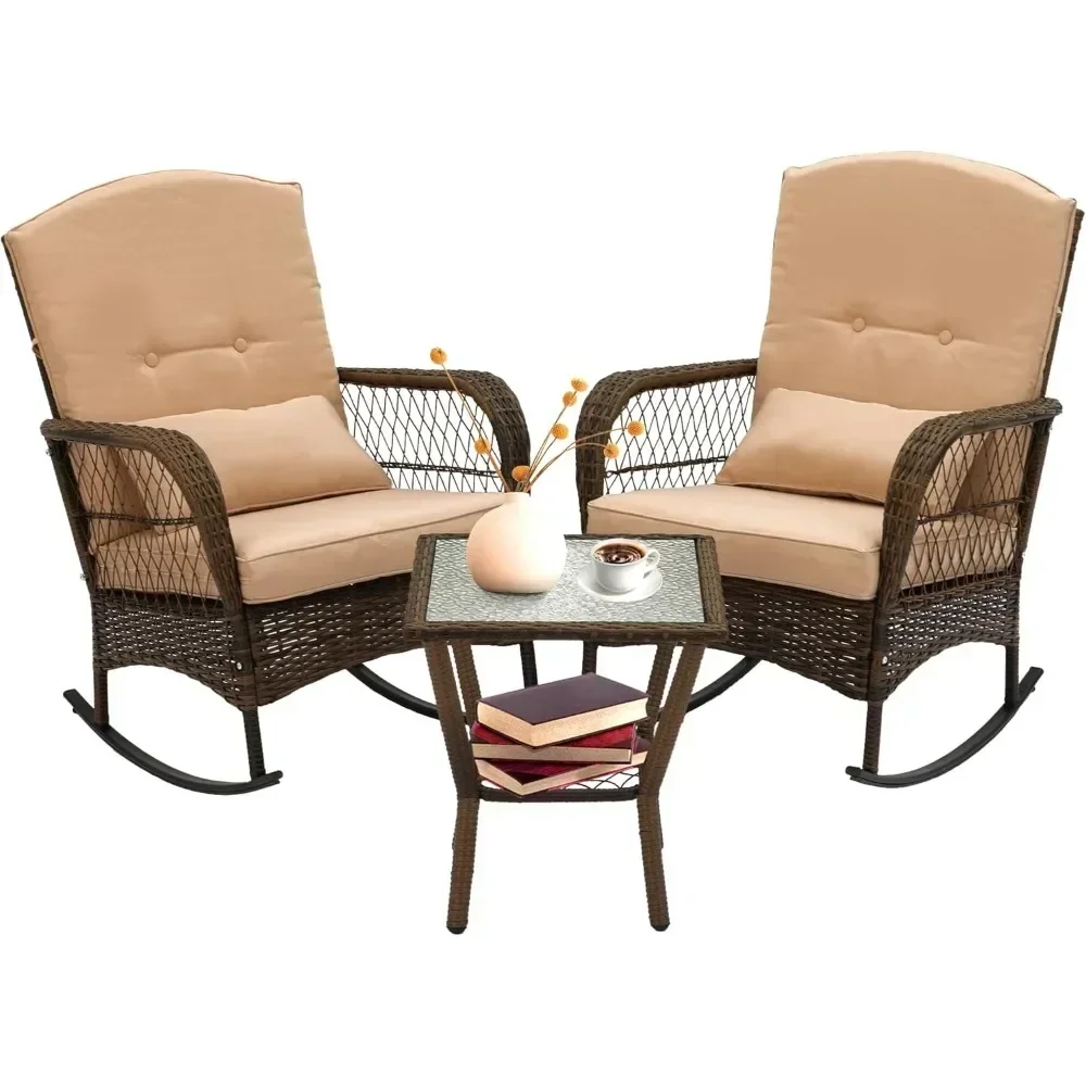 

Outdoor Wicker Rocking Chair Set,3 Pieces Rattan Rocker Chairs Wicker Rocking Bistro Set for Garden Porch Balcony & Backyard