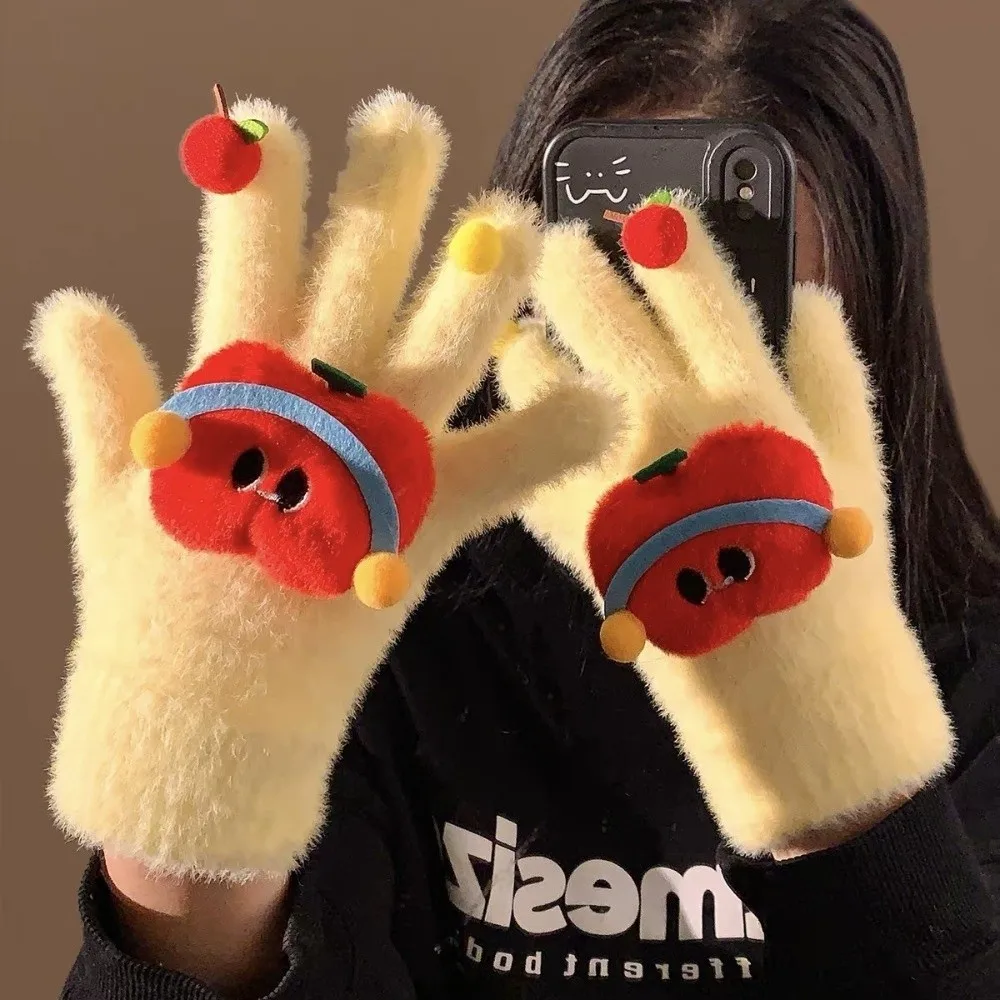 Soft Polyester Full Finger Gloves One Size Fits Most Cold Protection Apple Shape Gloves Winter Cycling Gloves For Women