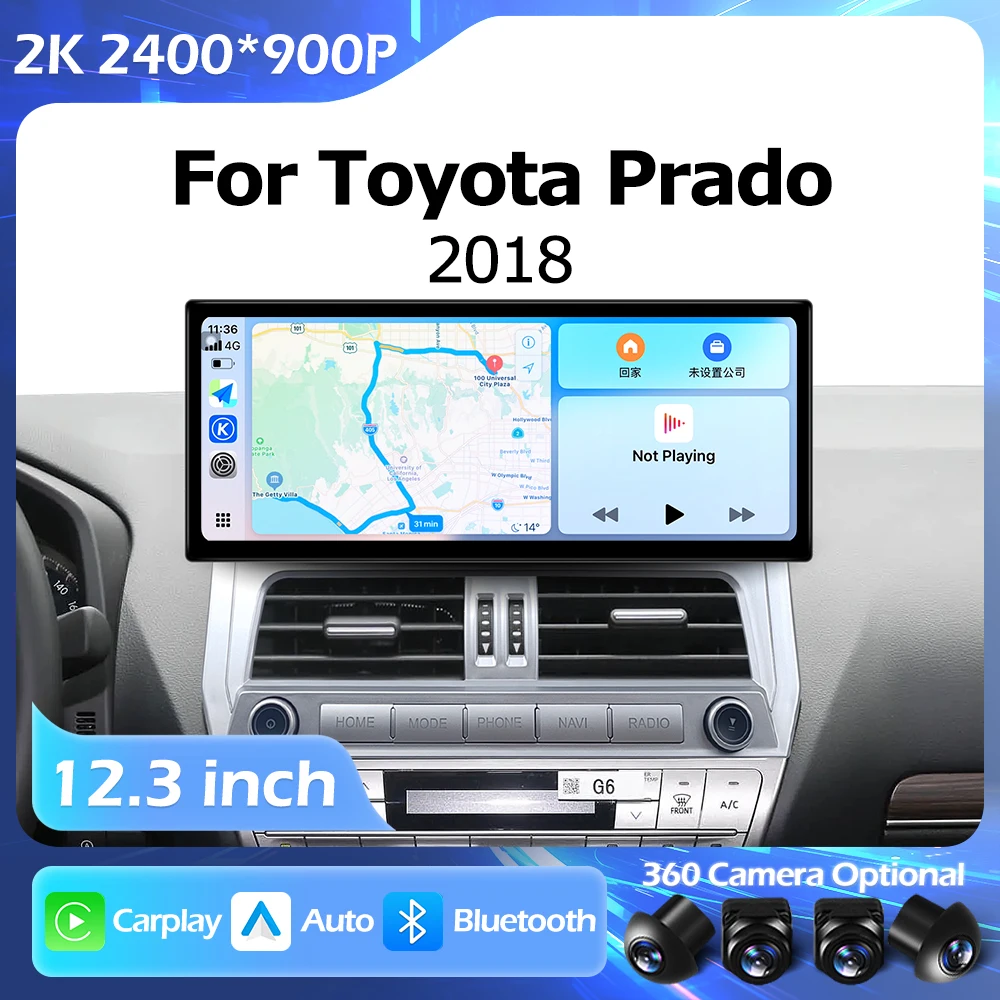 2400*900P 12.3 inch For Toyota Prado 2018 Car Radio Lntelligent Multimedia Right Angle Touch Screen Android Auto CarPlay BT GPS
