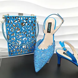 QSGFC New Fashionable And Beautiful Sky Blue Mesh With Coral Pattern Hollow Design Trendy Party Ladies Shoes And Bag