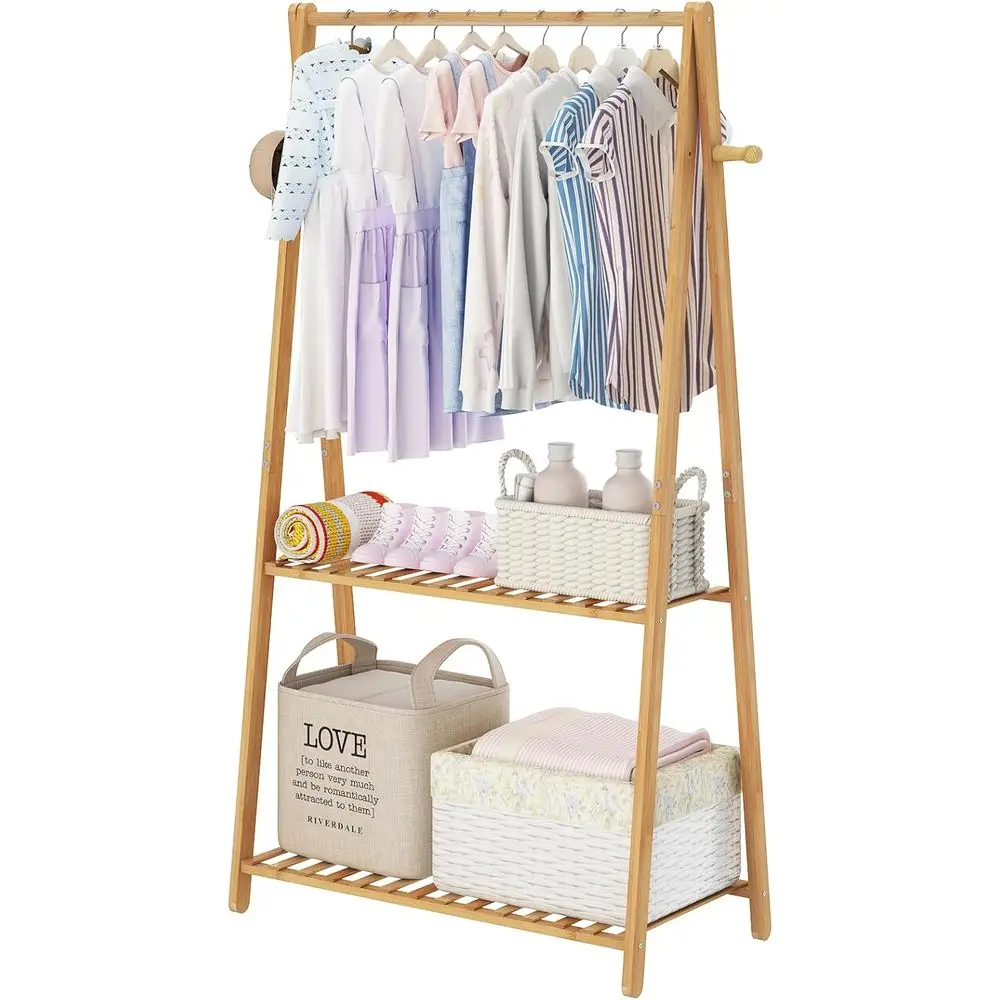 

Kids Clothing Rack for Hanging Clothes, Bamboo Wooden Garment Dress Up Storage Costume Rack with Shelves for Laundry Drying