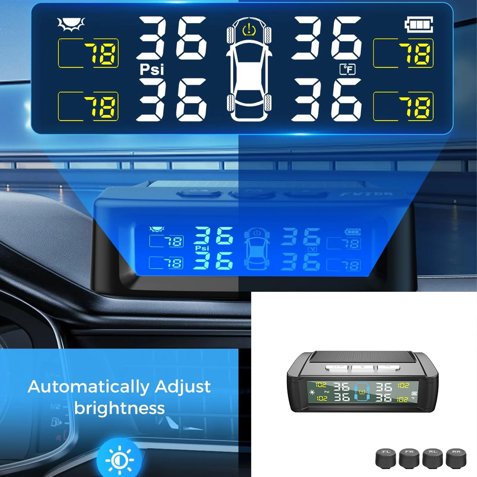 Solar TPMS Car Tire Pressure Alarm Digital Colorful Display 4 External Sensors Waterproof Tire Auto Security Alarm Systems LCD