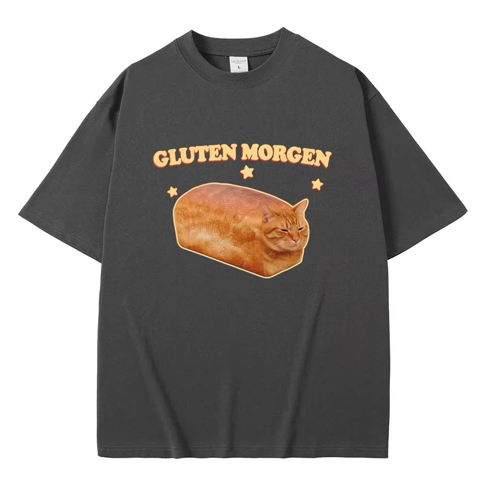 Gluten Morgen Funny Cat Meme T-shirt Silly Cats T Shirts Men Women Casual Humor Tee Shirt Male Vintage Cotton Oversized T-shirts